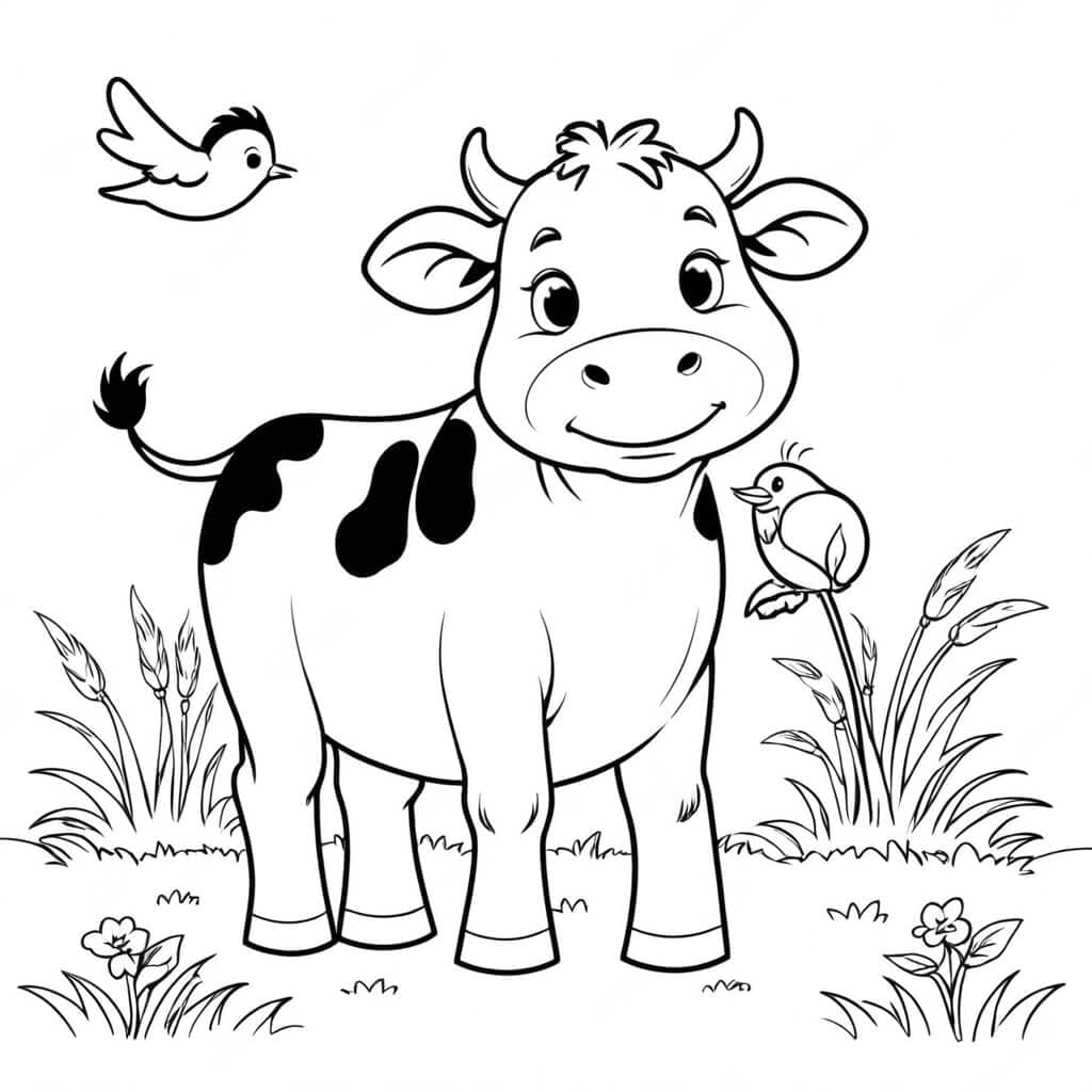 Cow with Birds Coloring Page