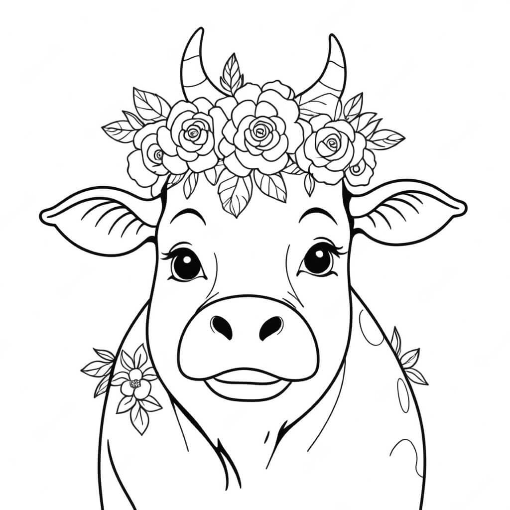 Cow with Flowers Coloring Page