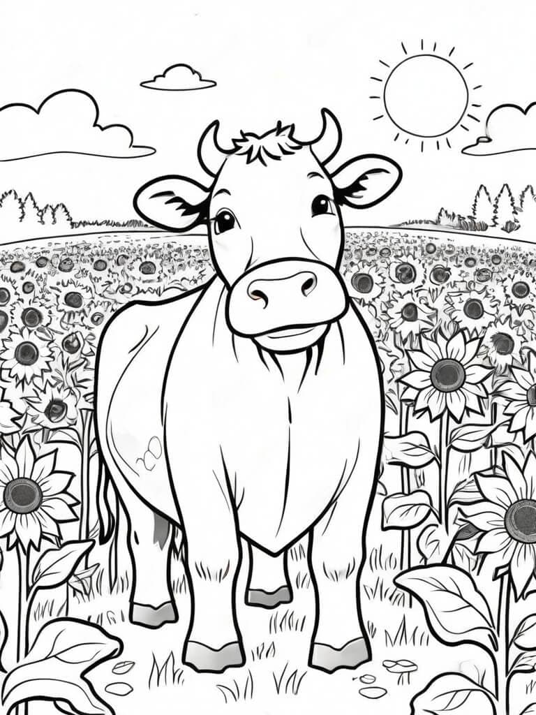 Cow with Sunflowers Coloring Page