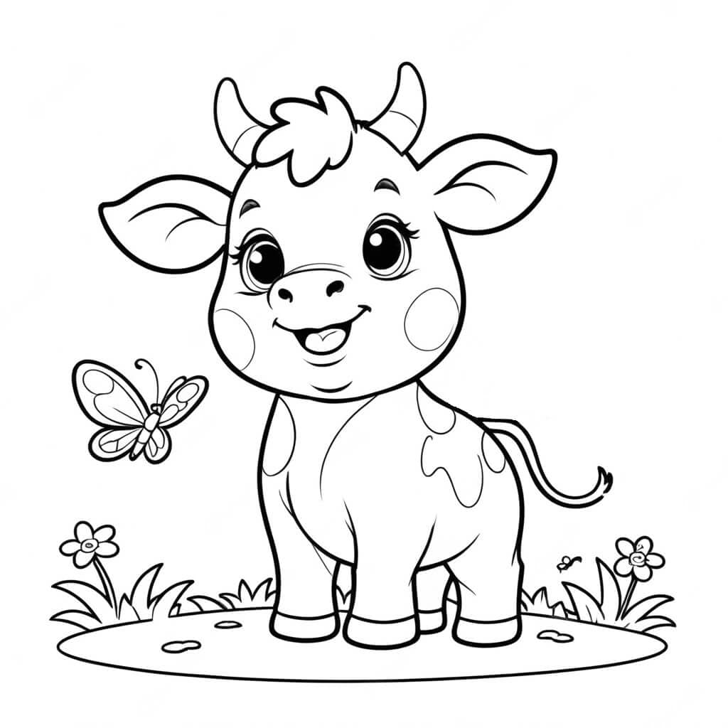 Cute Calf with Butterfly Coloring Page