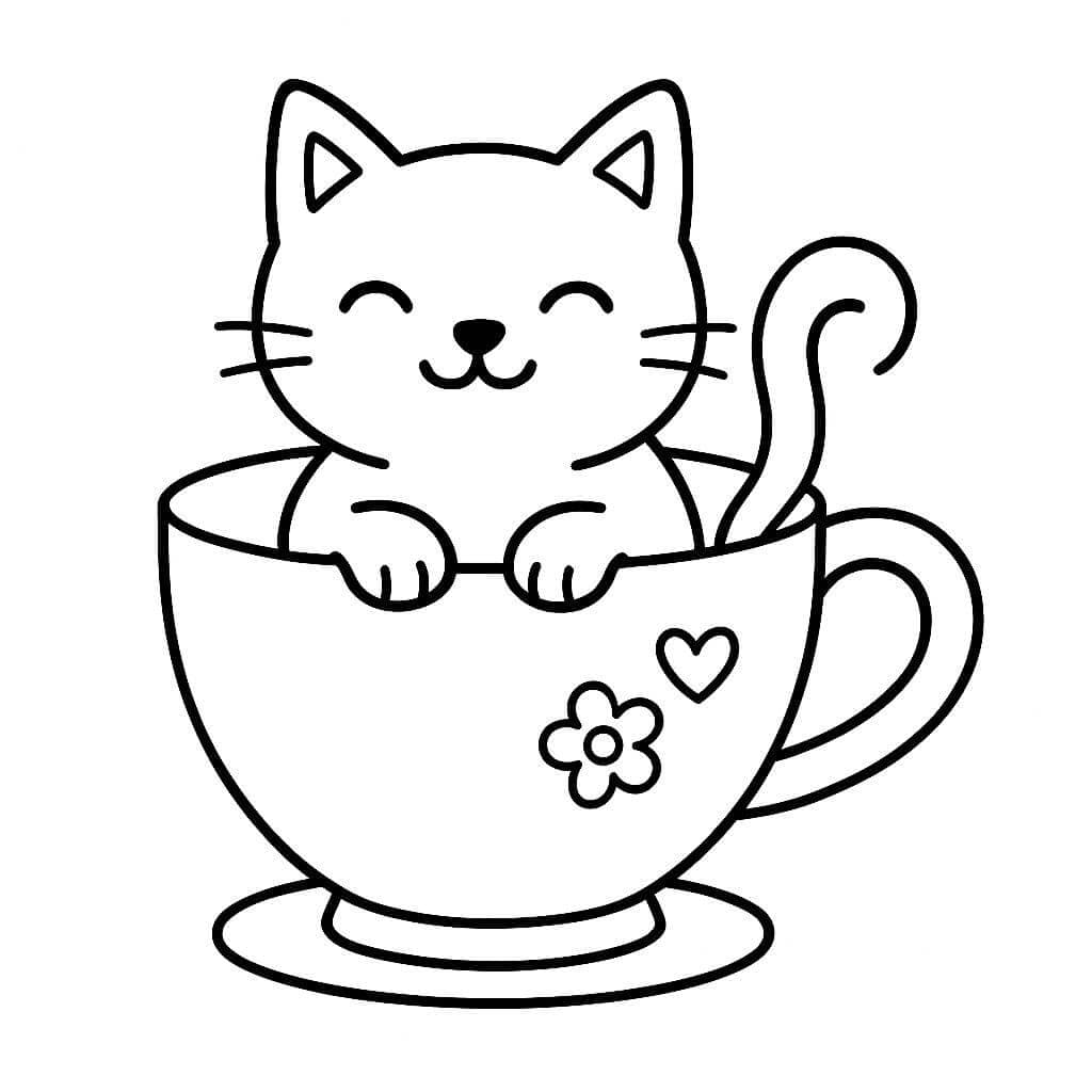 Cup with Cat Coloring Page