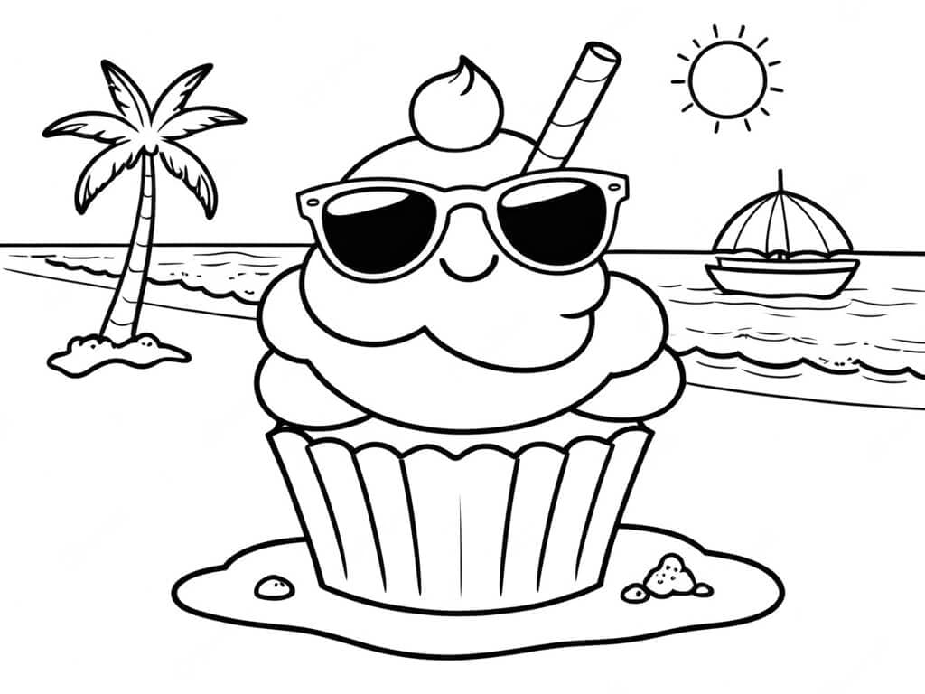 Beach Cupcake with Sunglasses Coloring Page