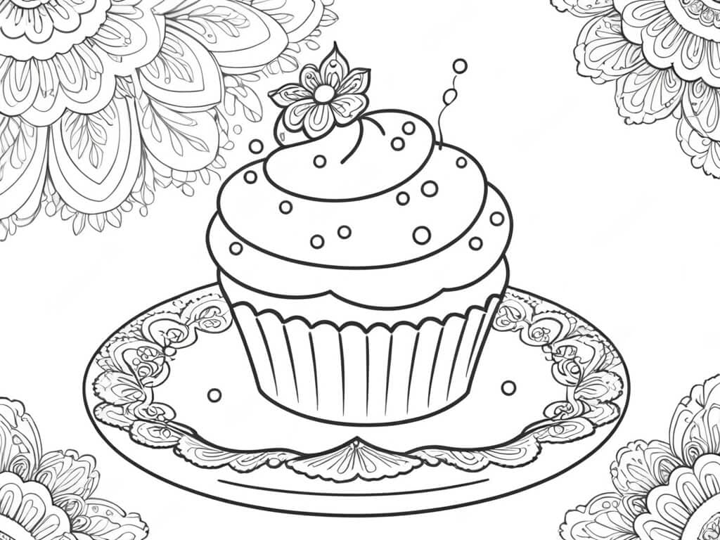 Cupcake on a Plate Coloring Page