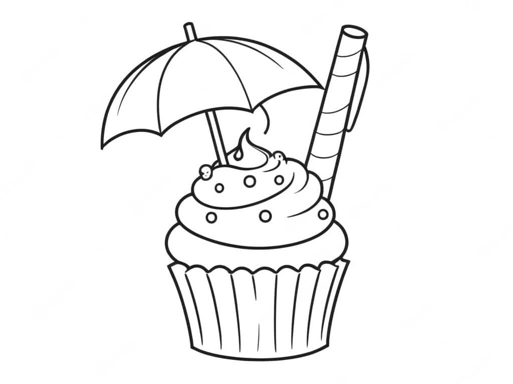 Cupcake with Umbrella Coloring Page