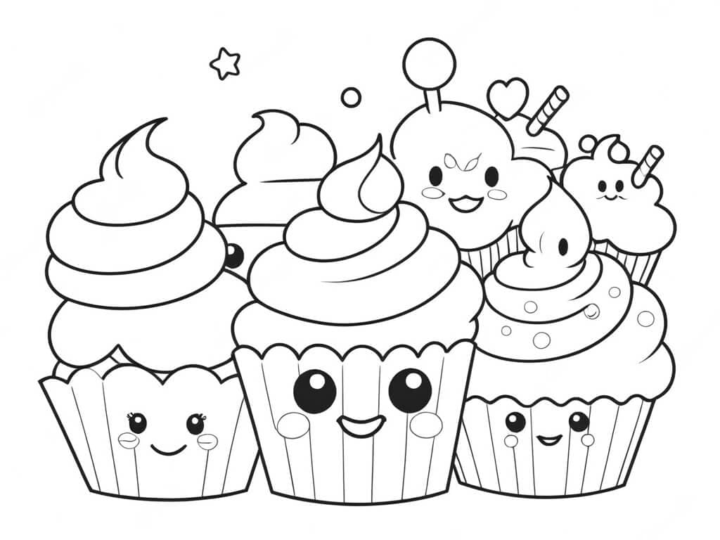 Happy Cupcakes Coloring Page