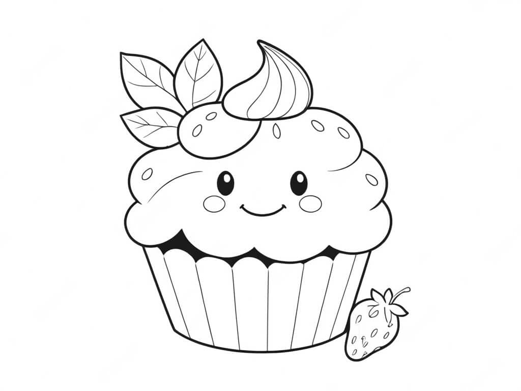 Happy Strawberry Cupcake Coloring Page