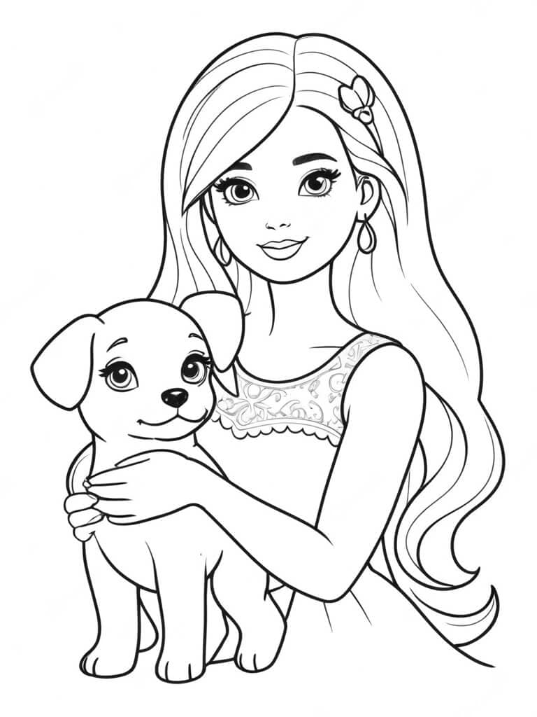Barbie and Puppy Coloring Page