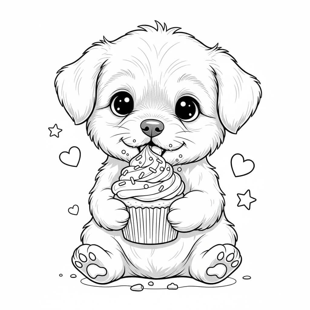 Cute Puppy Eating Cupcake Coloring Page