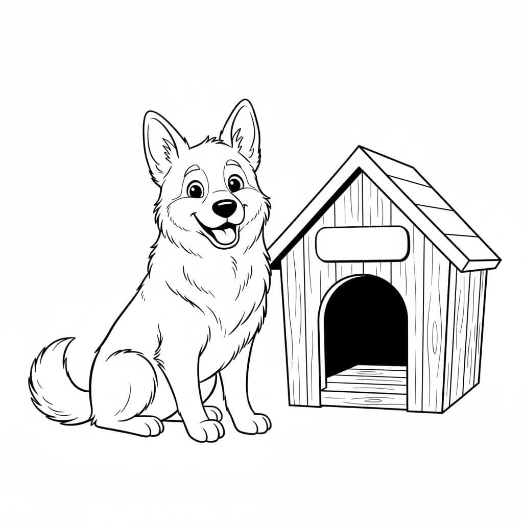 Dog Next to Doghouse Coloring Page