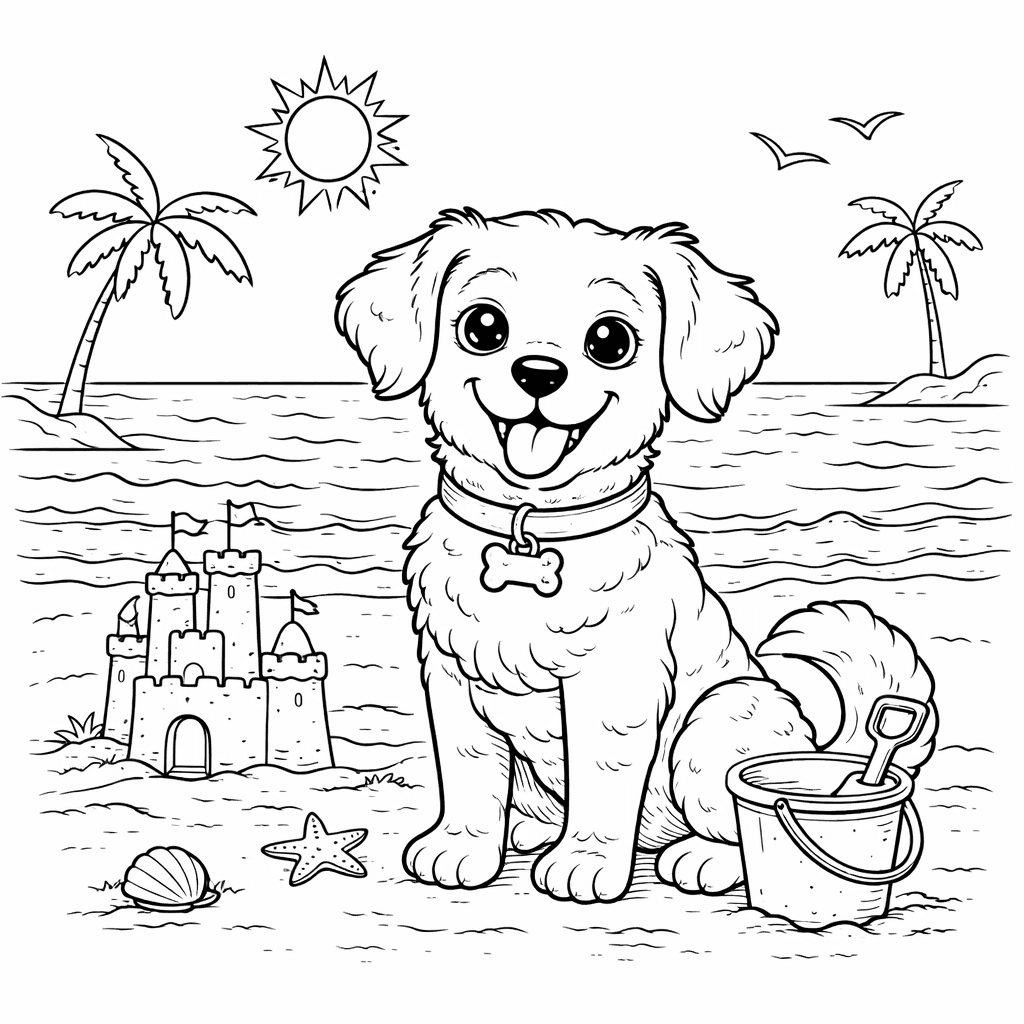 Dog on the Beach Coloring Page
