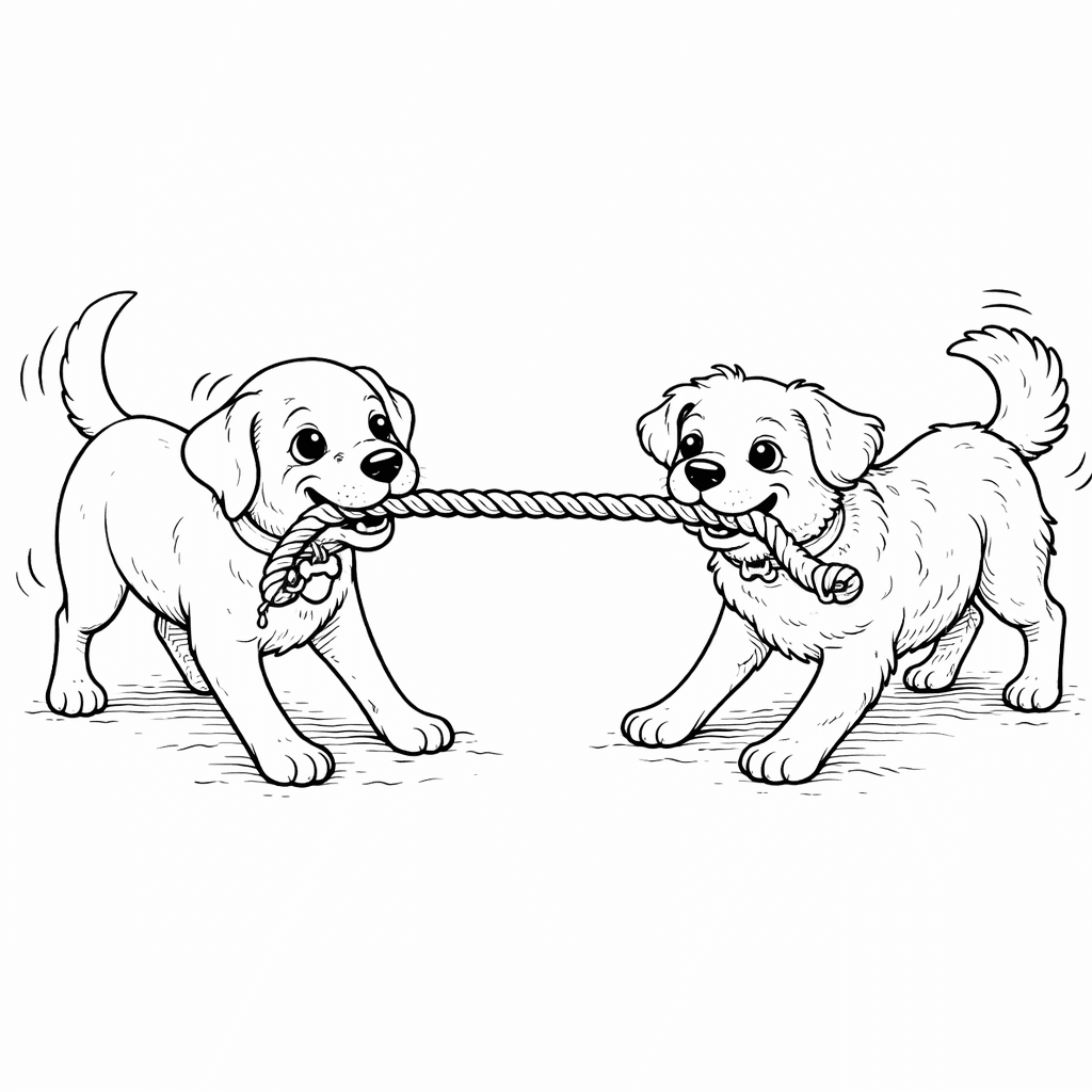 Dogs Playing Tug of War Coloring Page