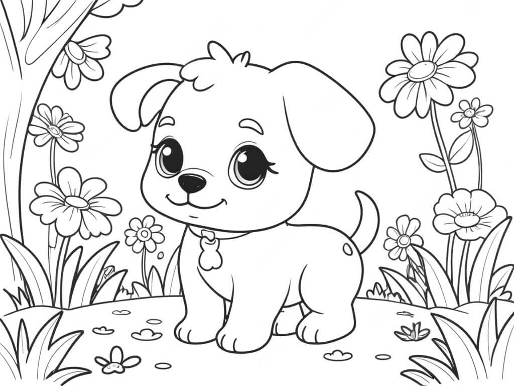Puppy and Flowers Coloring Page