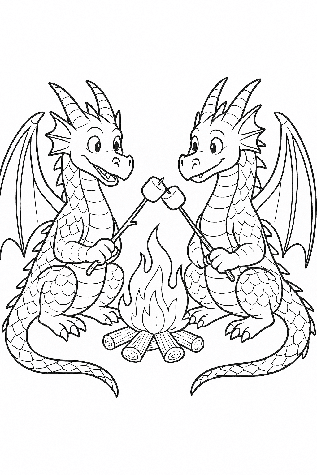 Dragon Friends with Marshmallows Coloring Page
