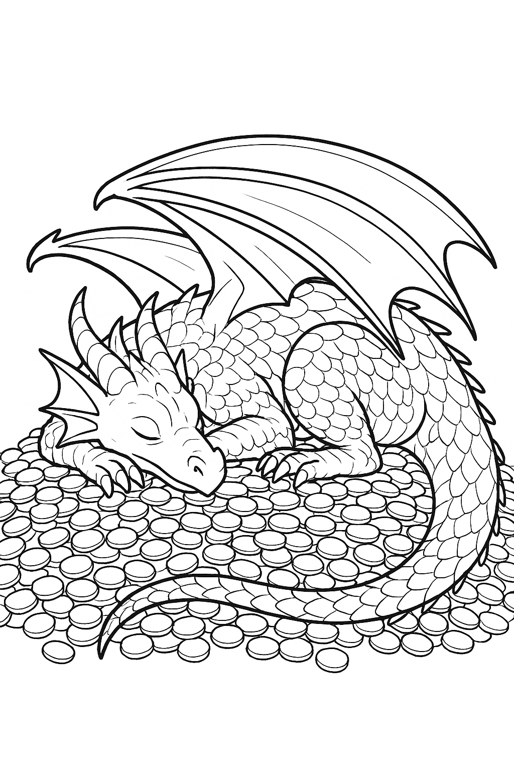Dragon Sleeping on Coins Coloring Page