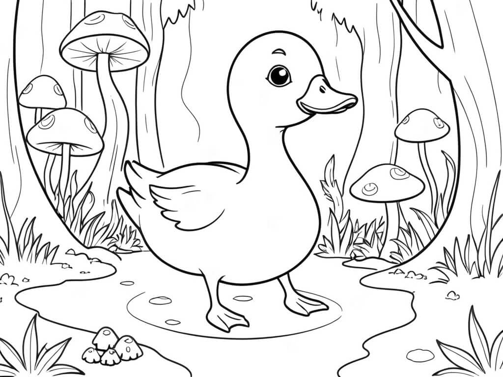 Duck in the Fairy Forest Coloring Page