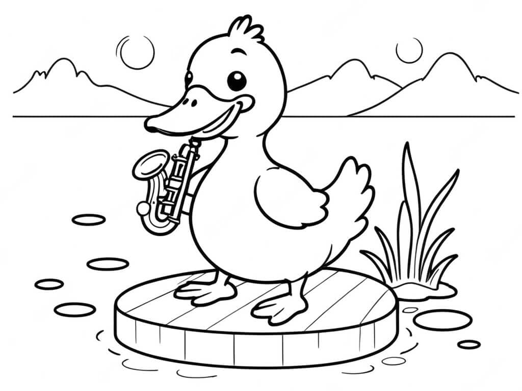 Duck Playing Saxophone Coloring Page