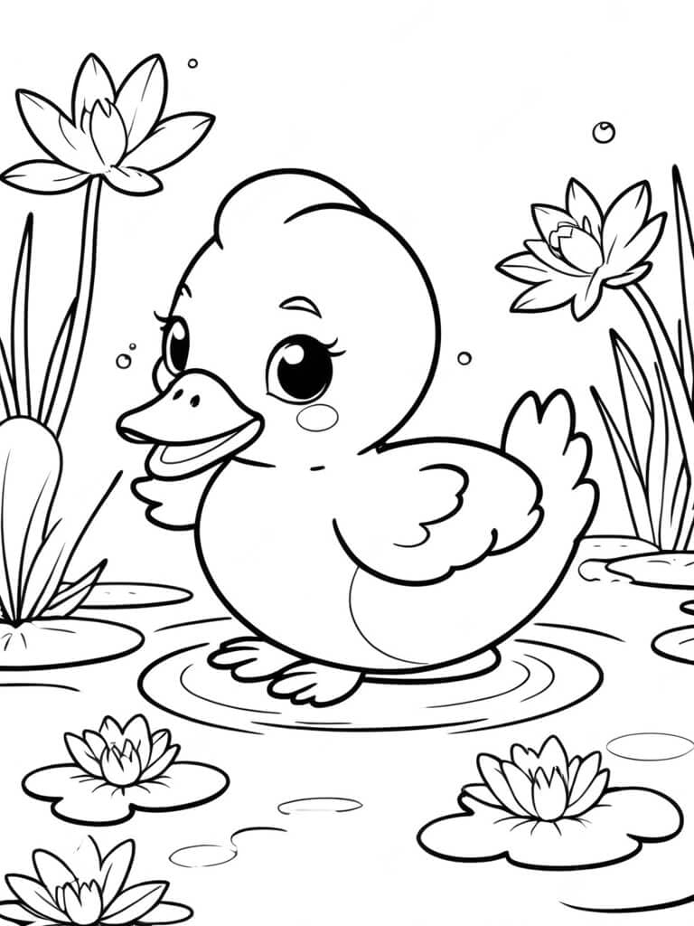 Duckling with Flowers Coloring Page