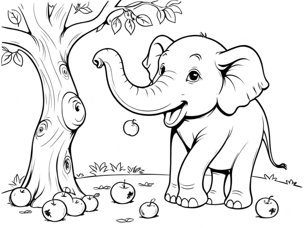 Elephant Picking Fruit Coloring Page