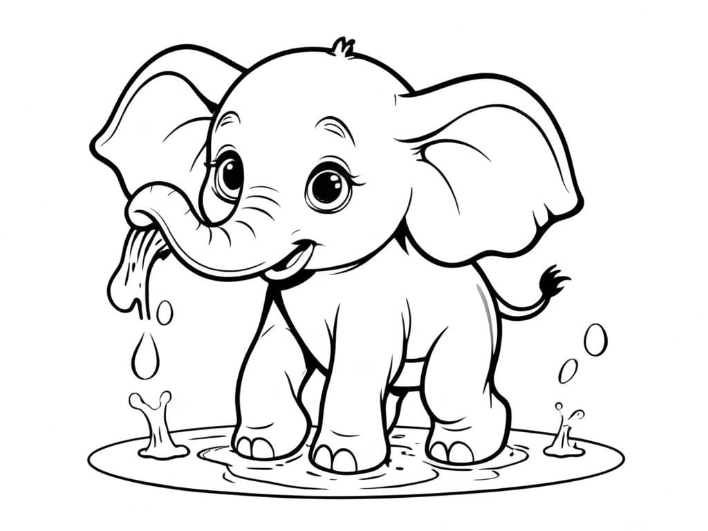 Elephant Taking a Bath Coloring Page