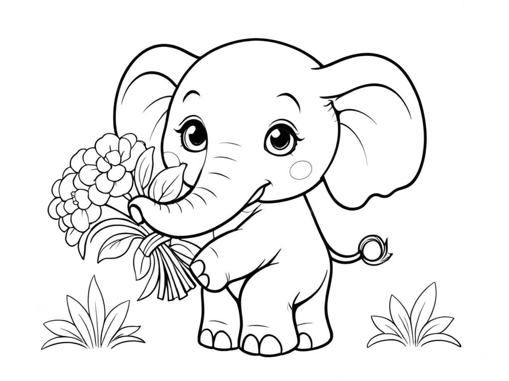 Elephant with a Bouquet Coloring Page