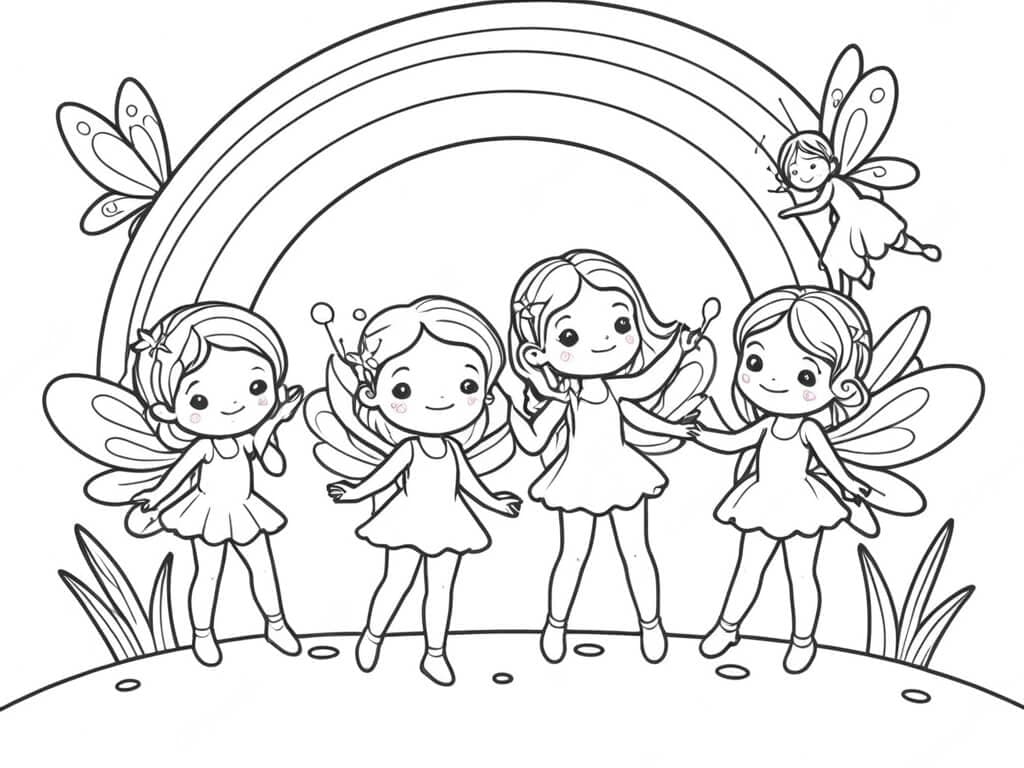 Fairies Playing in a Rainbow Coloring Page