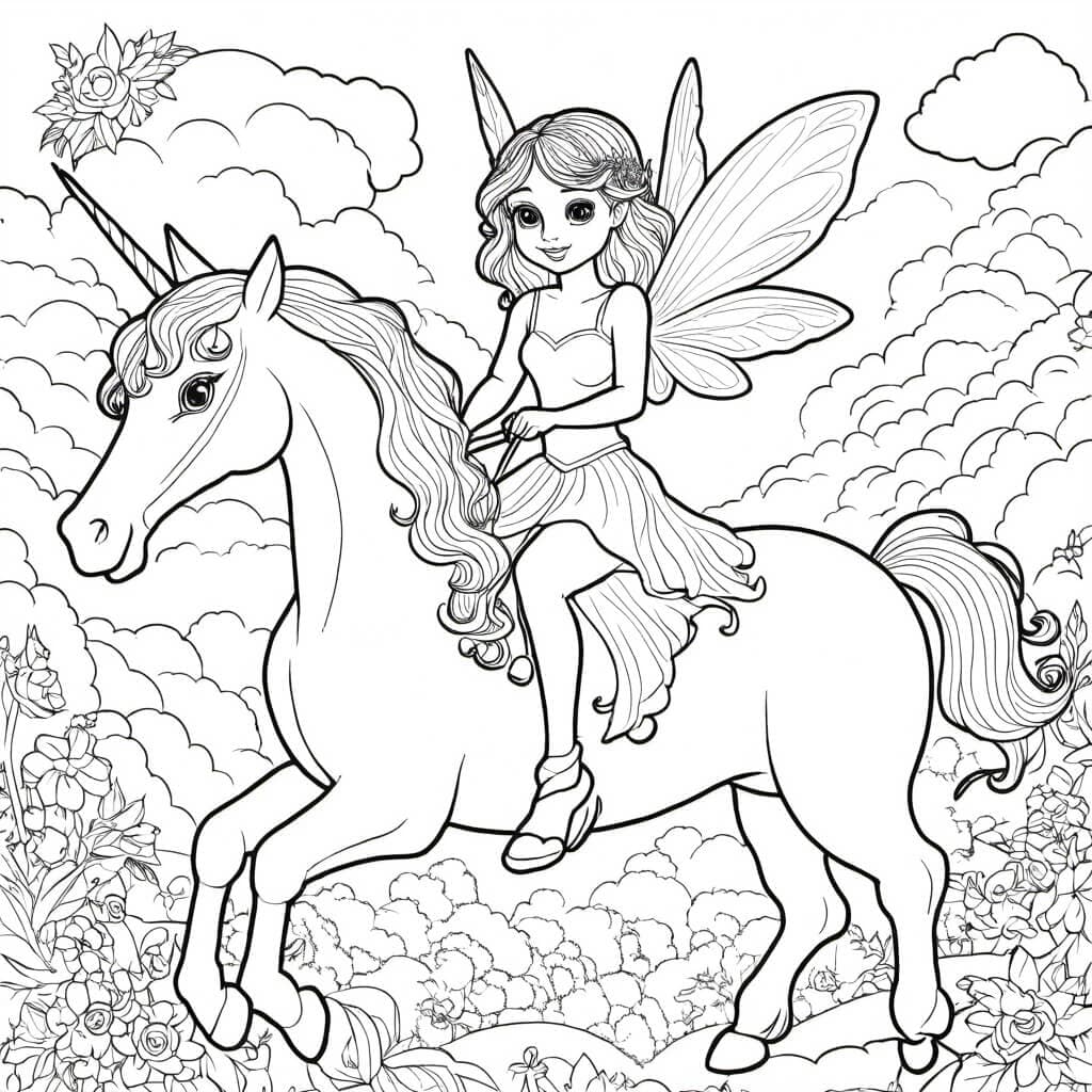 Fairy and Unicorn Coloring Page