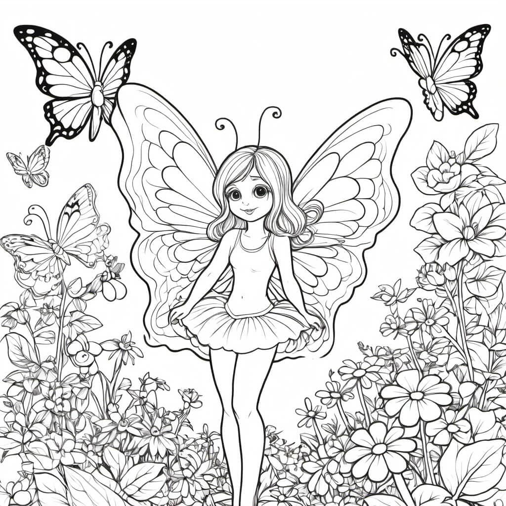 Fairy in Flower Garden Coloring Page