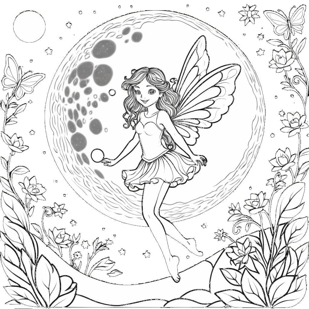 Fairy in Moonlight Coloring Page
