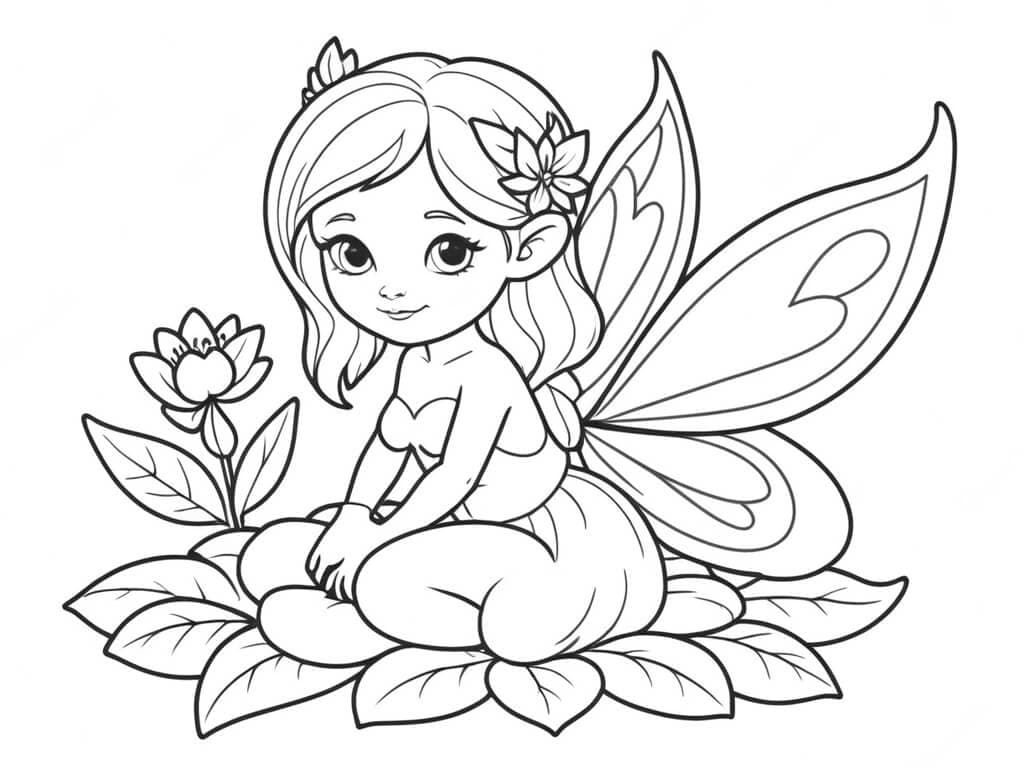Fairy Sitting on Flower Coloring Page