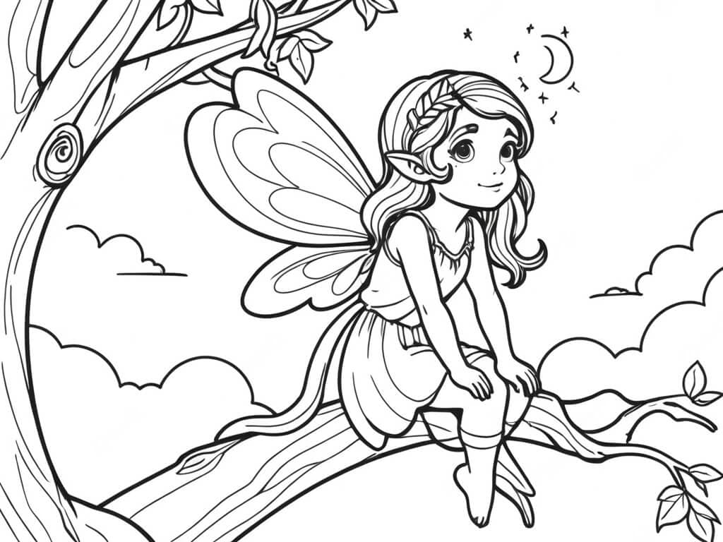 Fairy Sitting on Tree Coloring Page