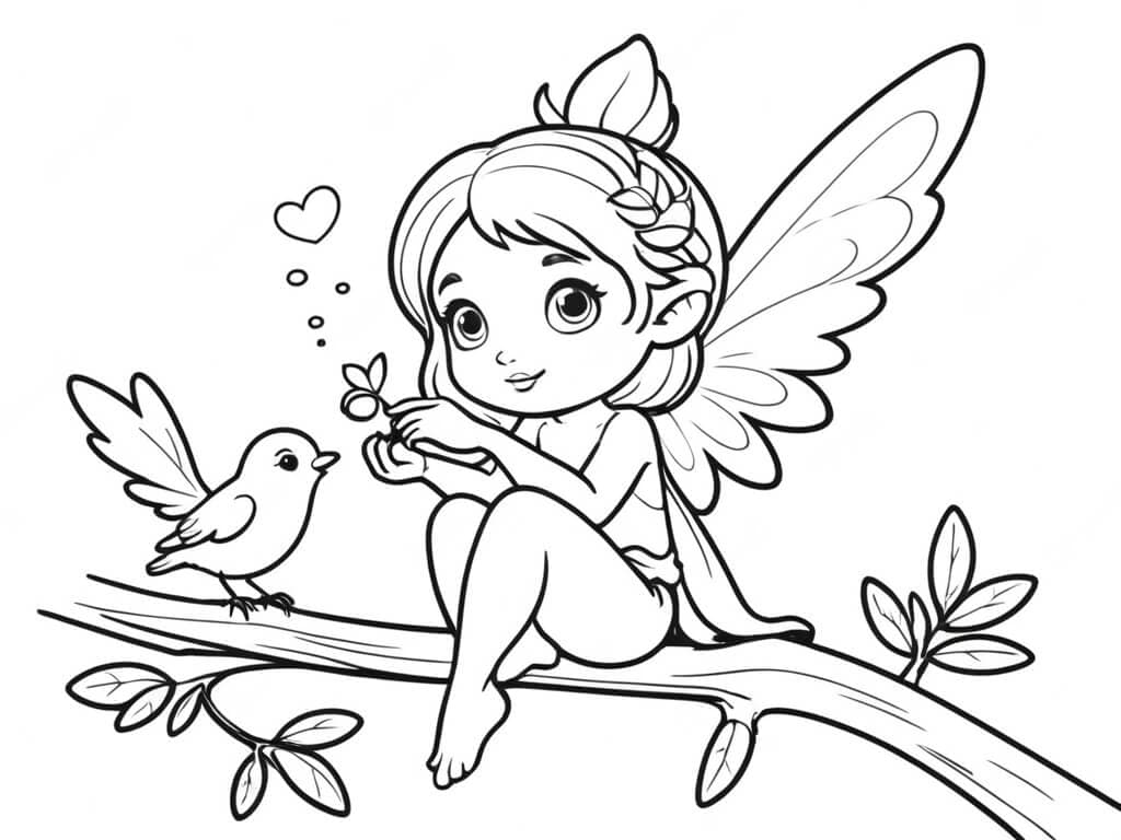 Fairy Talking to Bird Coloring Page