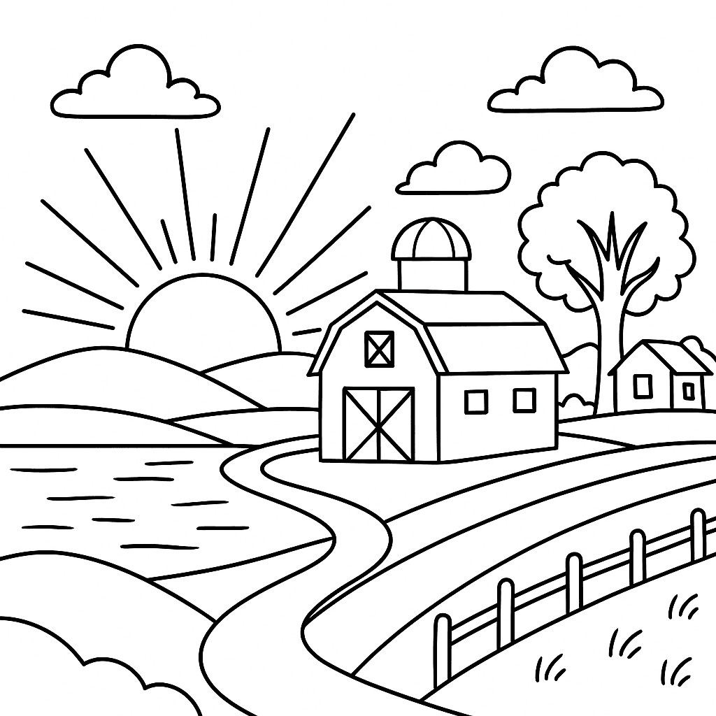 Farm at Sunset Coloring Page