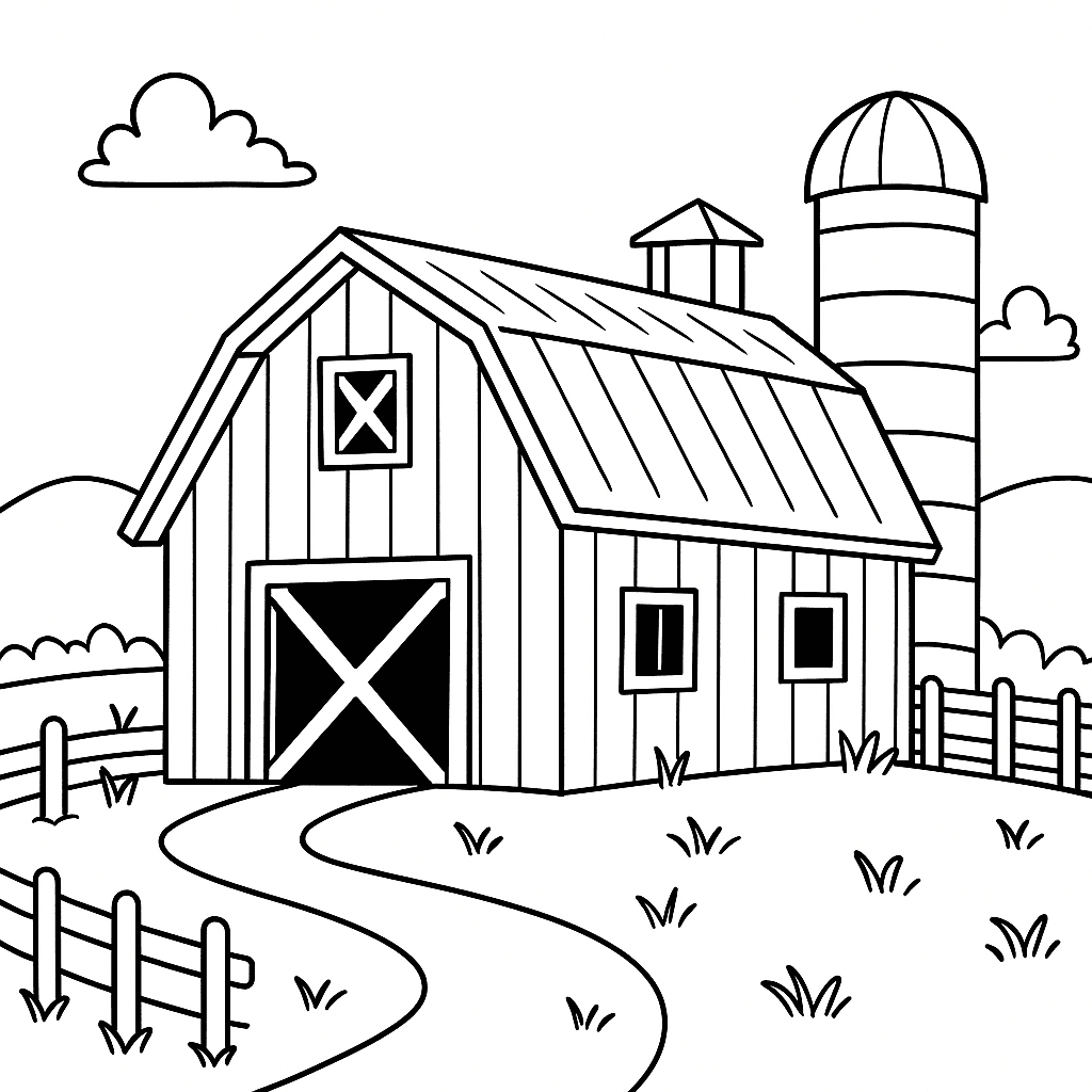 Farm with Barn Coloring Page