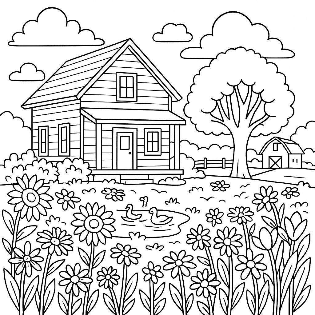 Farm with Flower Garden Coloring Page