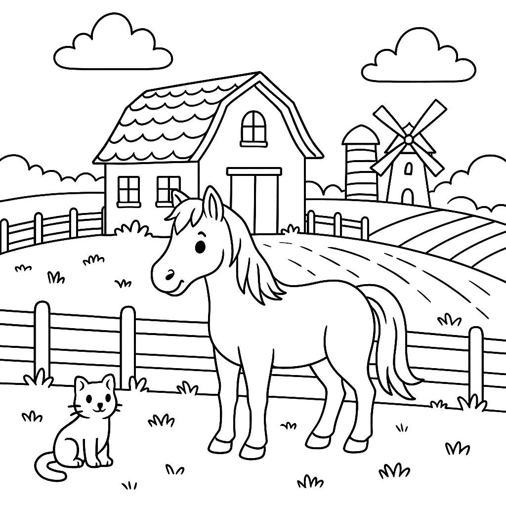 Farm with Horse Coloring Page