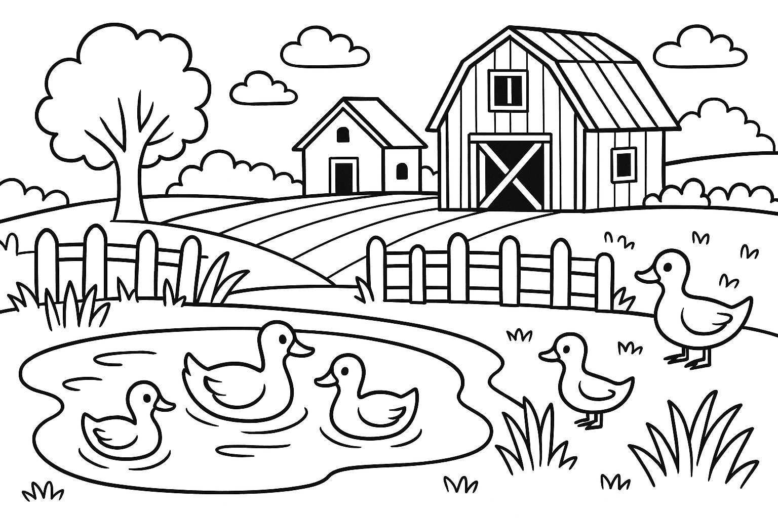 Farm with Pond and Ducklings Coloring Page