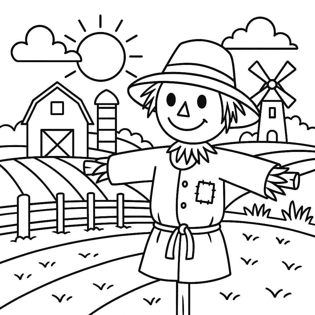 Farm with Scarecrow Coloring Page