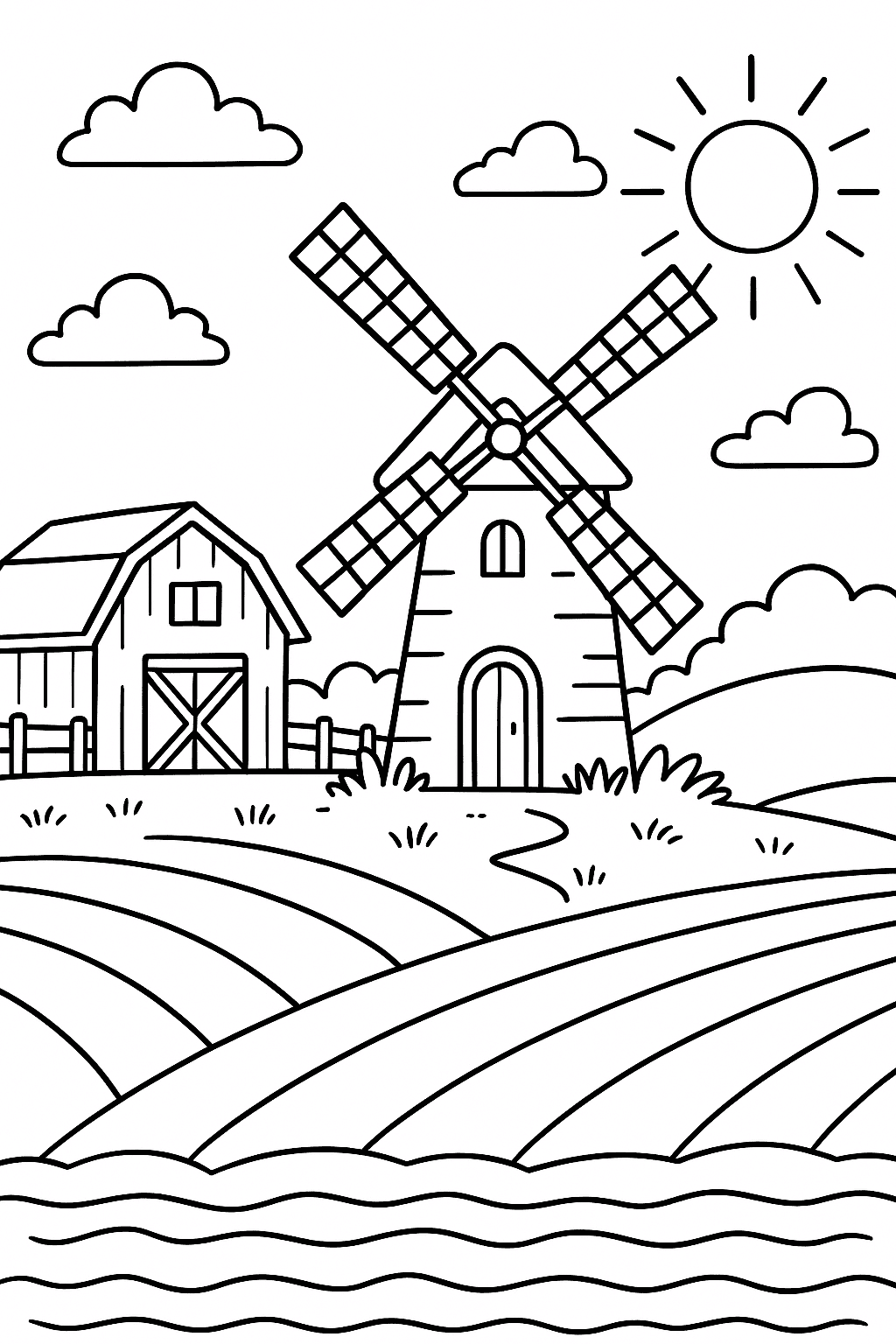 Farm with Windmill and Sun Coloring Page
