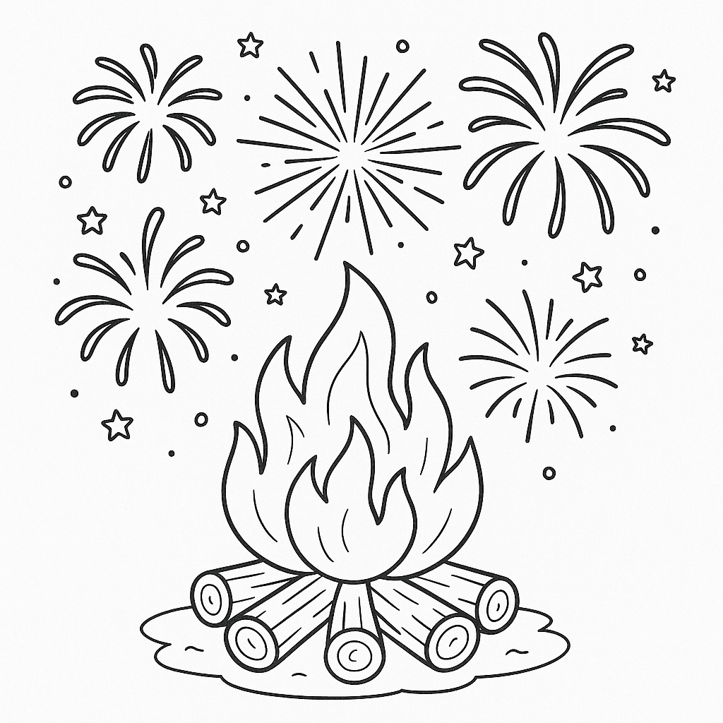 Campfire with Fireworks Coloring Page