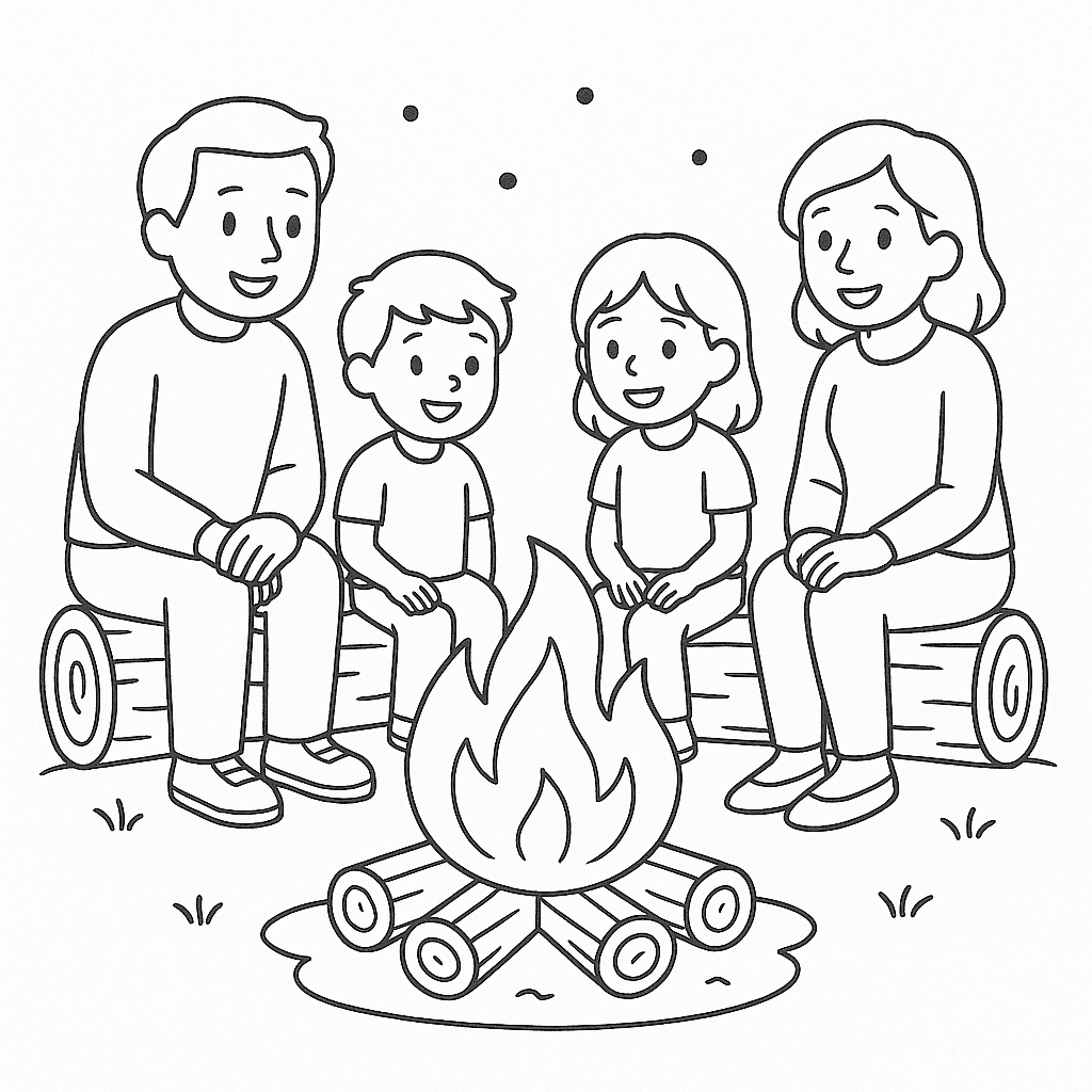 Family Around Campfire Coloring Page