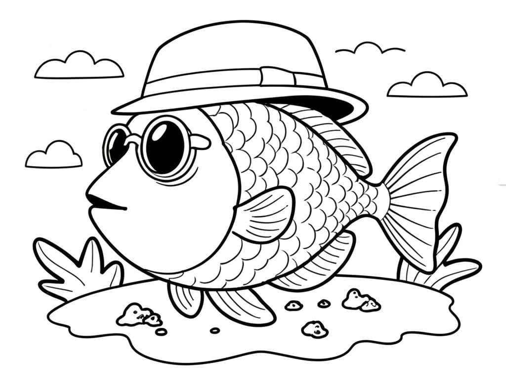 Fish with Hat Coloring Page