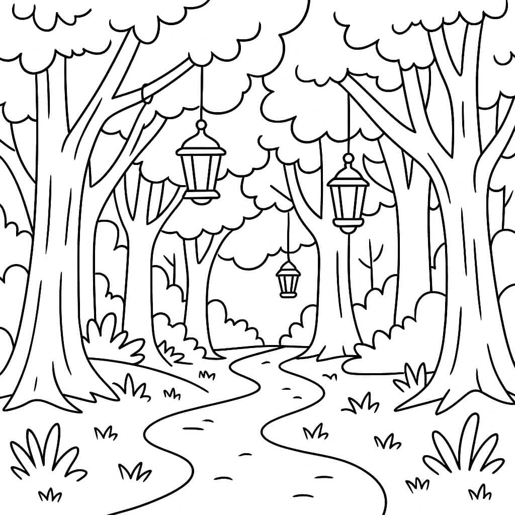 Magic Path with Lanterns in the Forest
