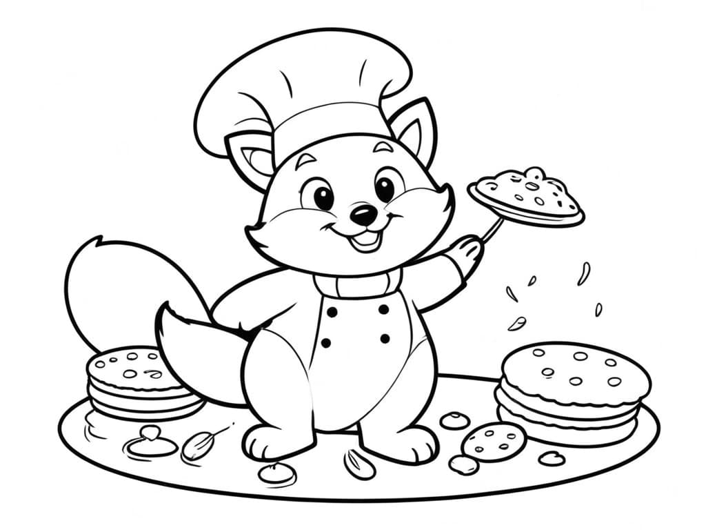 Chef fox baking pancakes coloring page