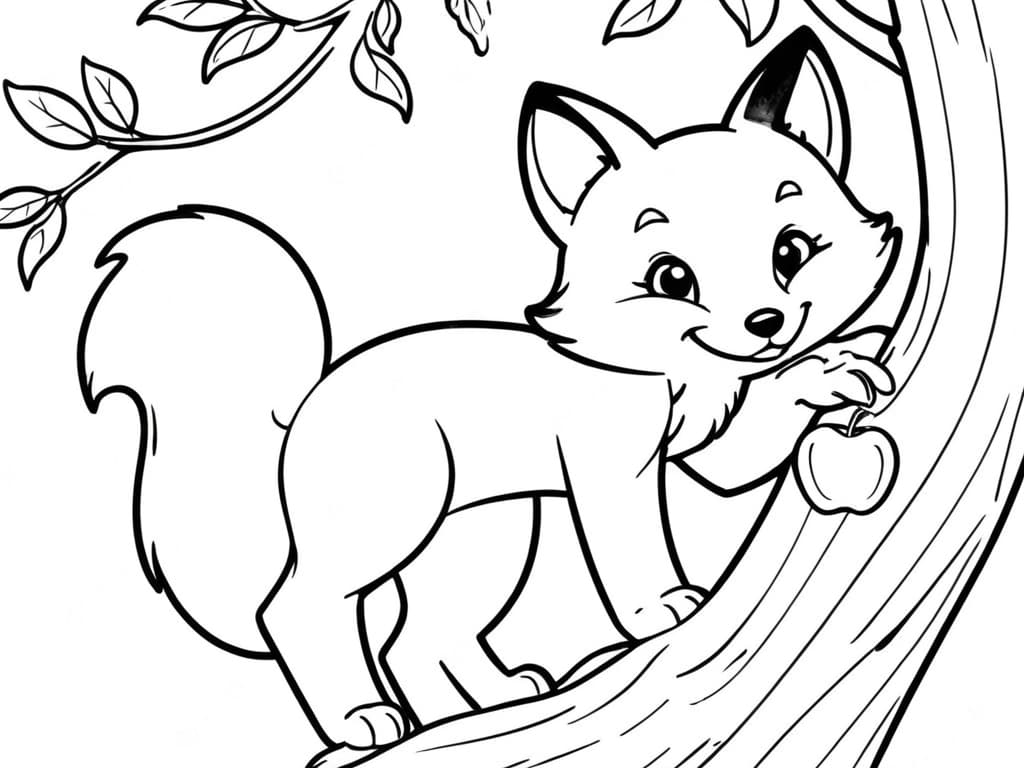 Fox by an apple tree coloring page