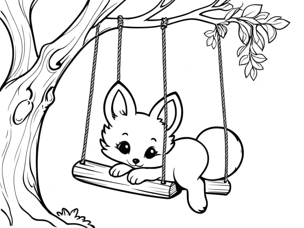 Fox cub on a swing coloring page