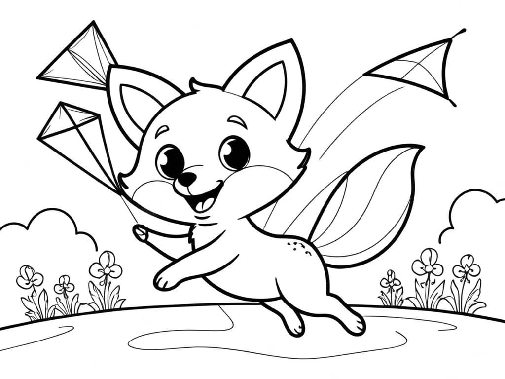 Fox flying a kite coloring page