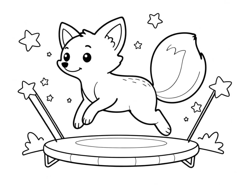 Fox jumping on a trampoline coloring page