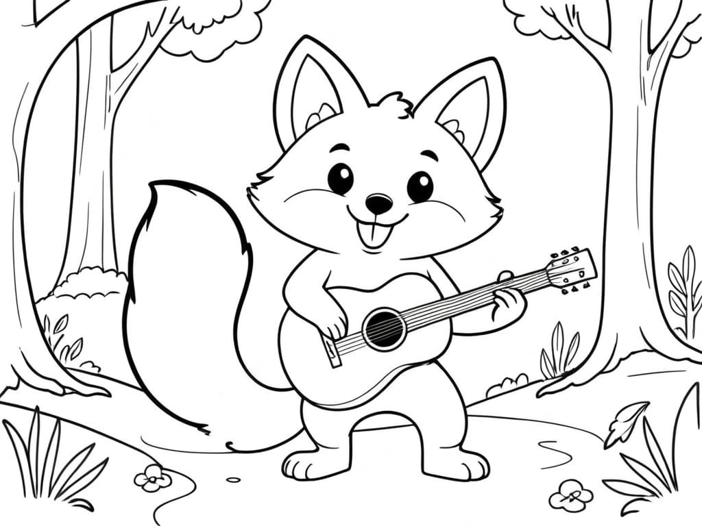 Fox playing guitar in the forest coloring page