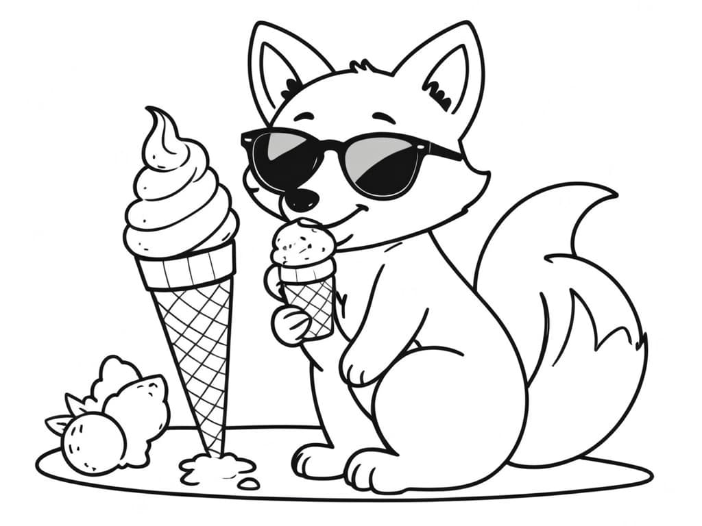 Fox with sunglasses and ice cream coloring page