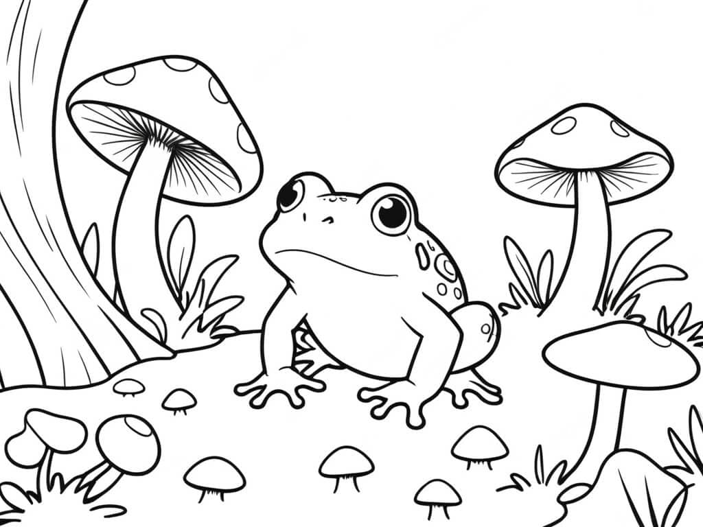 Frog in the Mushroom Forest Coloring Page